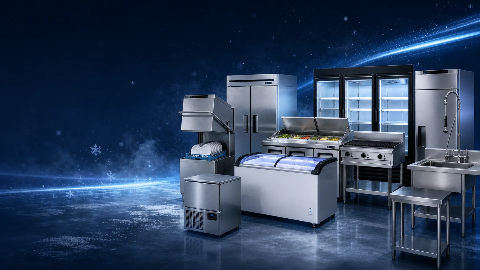 Commercial fridges, glass display freezers and chest freezers on ice